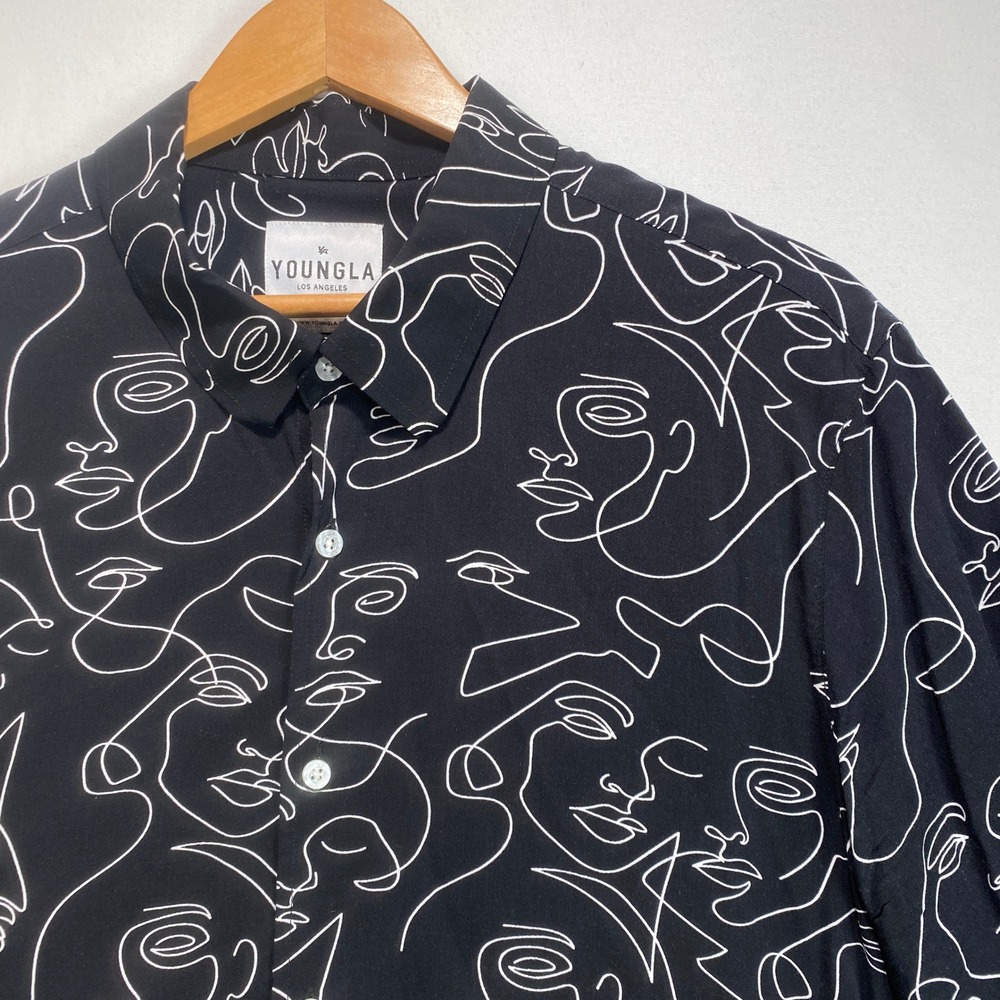 YoungLA 439 Mens Large Black White Line Art Face Print Viscose Button Down Shirt